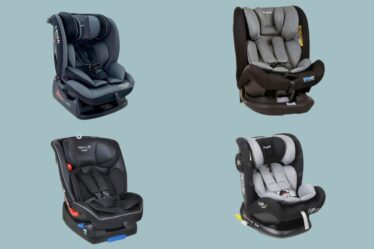 Imagem conta com quatro Cadeirinha Burigotto: Égide, 4 Road, Spin 360 Isofix e Matrix Zero 7