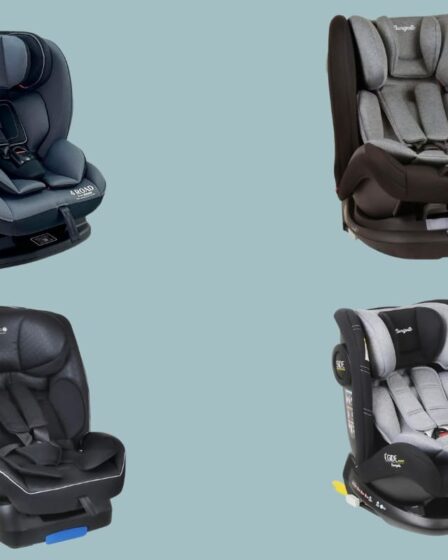 Imagem conta com quatro Cadeirinha Burigotto: Égide, 4 Road, Spin 360 Isofix e Matrix Zero 7